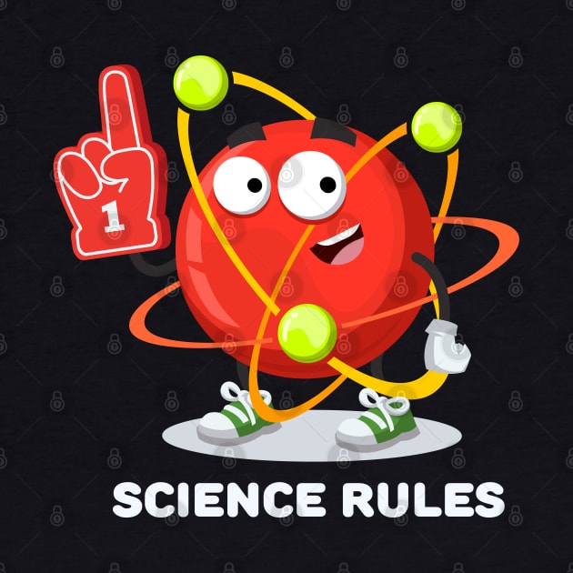 cartoon atom character mascot with the number 1 one sports fan hand glove SCIENCE rules by VizRad